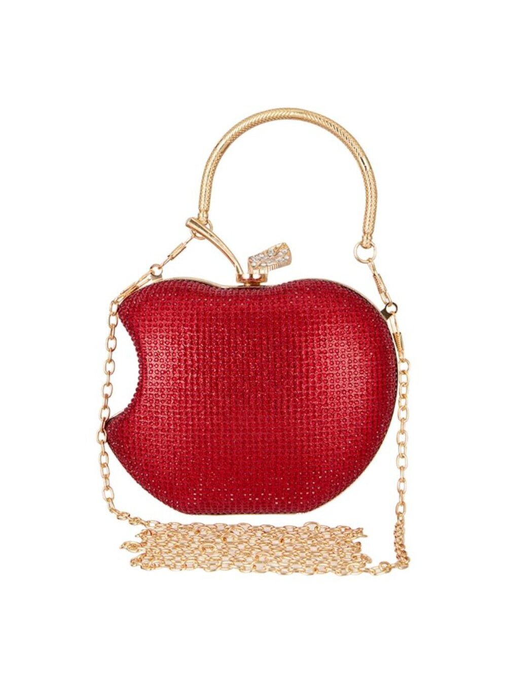 Rhinestone Apple-Shaped Evening Clutch Crossbody Bag Detachable Chain Mini